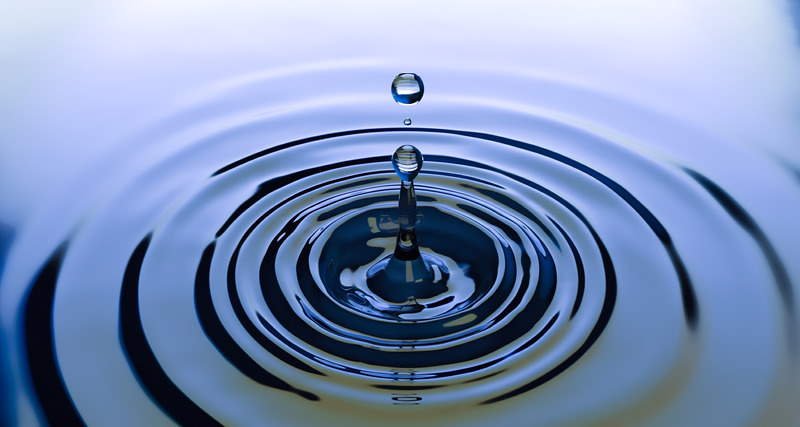 Wassertropfen, der auf eine Wasseroberfläche auftrifft und Wellen auslöst, die sich vom Zentrum nach außen ausbreiten